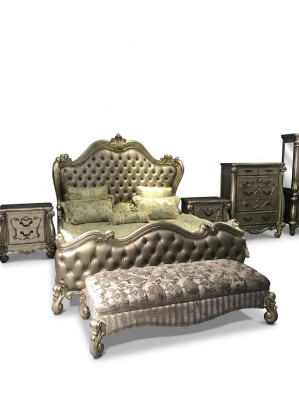 Łóżko 2x Stolik nocny 3 szt. Sypialnia Scenografia Luksusowe łóżko Chesterfield