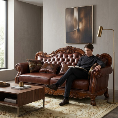 Skórzana sofa rokokowa skórzana sofa kanapa Podkładka Siedziba 3 miejsce siedzące trzyosobowa