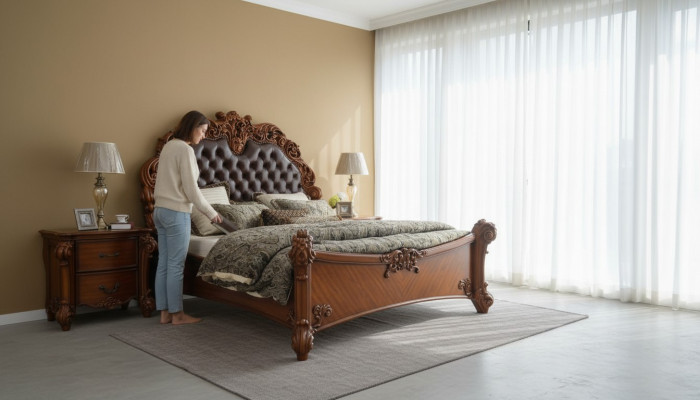 Zestaw Sypialnia Łóżko + 2x Stolik nocny Chesterfield Drewno Skóra łóżko Podkładka