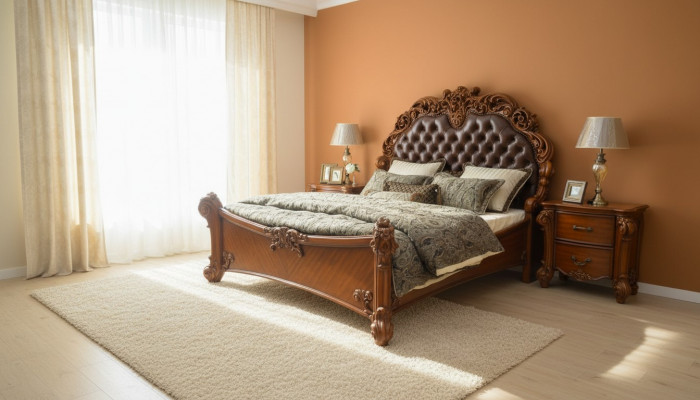 Zestaw Sypialnia Łóżko + 2x Stolik nocny Chesterfield Drewno Skóra łóżko Podkładka