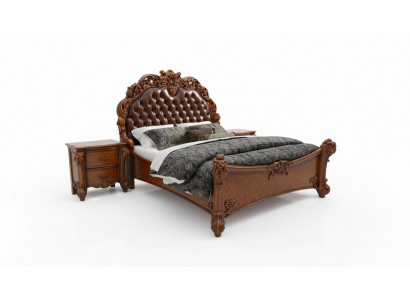 Zestaw Sypialnia Łóżko + 2x Stolik nocny Chesterfield Drewno Skóra łóżko Podkładka