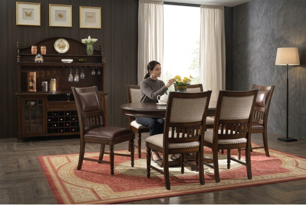 Drewniany designerski zestaw do jadalni do salonu Tabela 6x Krzesło tapicerowany 7szt