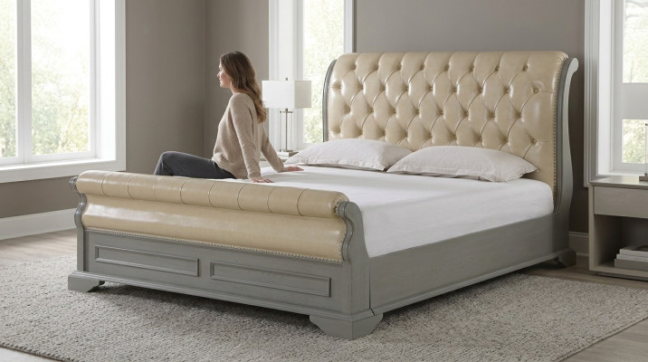 Łóżko Chesterfield Design Szare 180x200 Podwójne łóżko Podkładka Skórzane Łóżko Meble