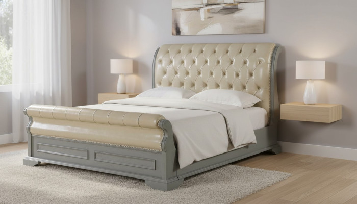 Łóżko Chesterfield Design Szare 180x200 Podwójne łóżko Podkładka Skórzane Łóżko Meble