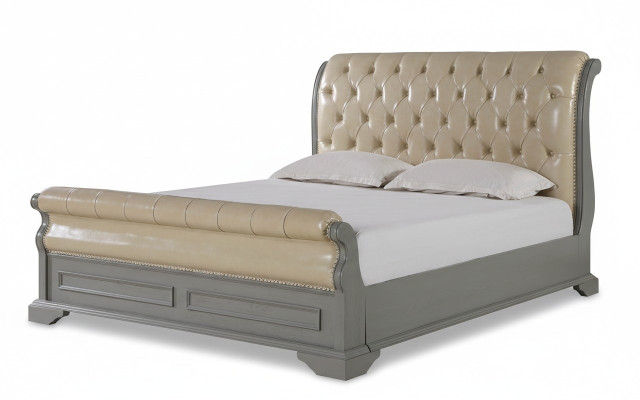 Łóżko Chesterfield Design Szare 180x200 Podwójne łóżko Podkładka Skórzane Łóżko Meble