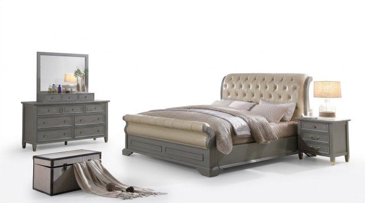 Łóżko Podkładka Design Luksusowe Drewno Podwójne łóżko hotelowe Małżeństwo Sleep Pokój Skóra Szary