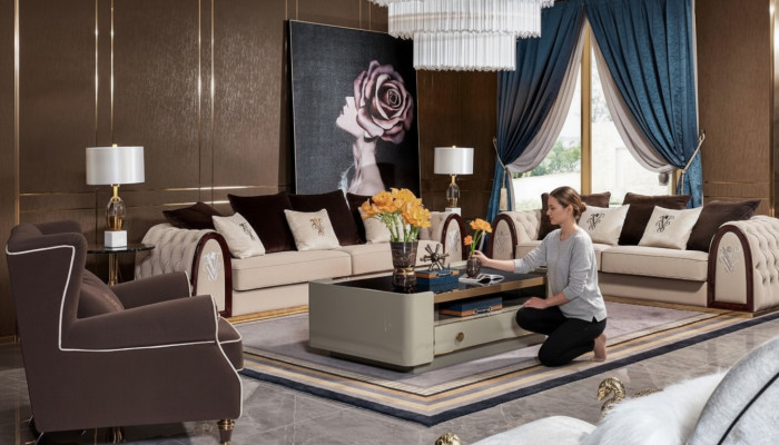 Sofa Chesterfield Beżowa Sofy Włókienniczy Materiał Kanapy Luxury Meble 4 miejsce do siedzenia 295cm