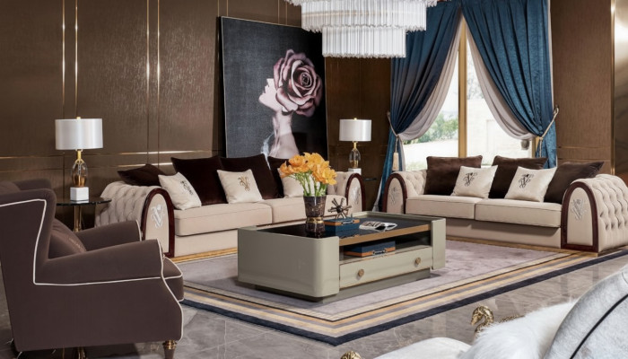 Sofa Chesterfield Beżowa Sofy Włókienniczy Materiał Kanapy Luxury Meble 4 miejsce do siedzenia 295cm