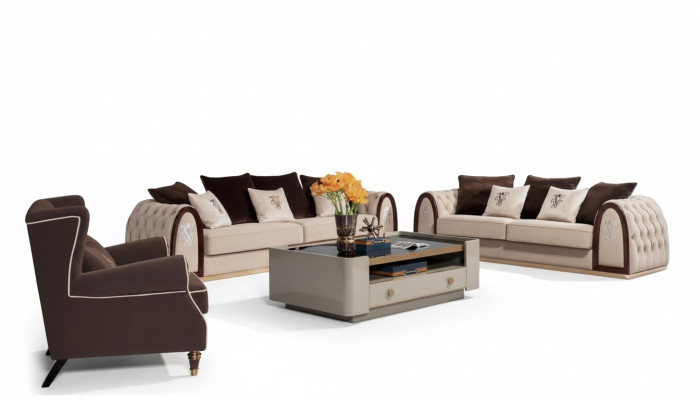 Sofa Chesterfield Beżowa Sofy Włókienniczy Materiał Kanapy Luxury Meble 4 miejsce do siedzenia 295cm