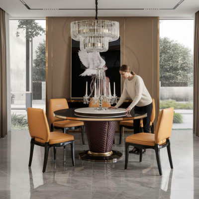 Luksusowa designerska jadalnia z Okrągły Stół obiadowy & 6 x Lehn Krzesła Metal