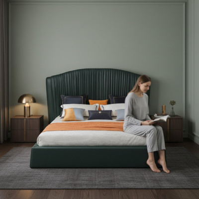 Łóżko Podkładka Design Luksusowe łóżko podwójne Beżowe 180x200 Sleep Pokój Skóra Hotel