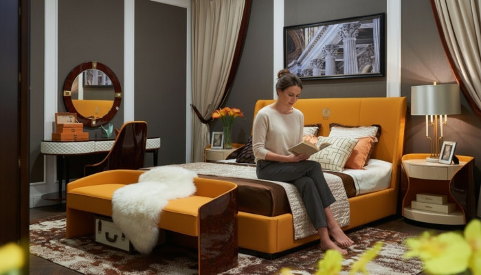 Łóżko Stolik nocny Stołek 4 szt. Zestaw Sypialnia Nowoczesny Design Luksusowe łóżko Nowe