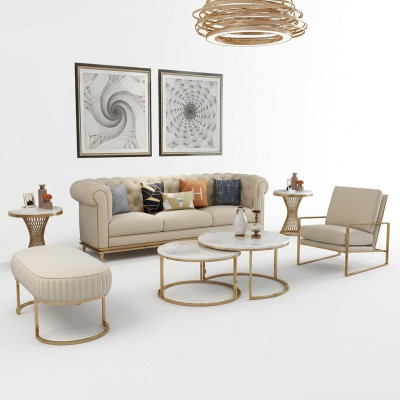 Sofa Zestaw sofowy 3+1 miejsce do siedzenia Żywy krajobraz Relaks Stołek Design Couch Lounge