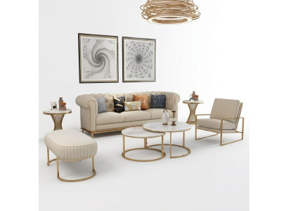 Sofa Zestaw sofowy 3+1 miejsce do siedzenia Żywy krajobraz Relaks Stołek Design Couch Lounge