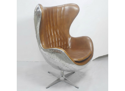 Vintage Shell Fotel Aluminium Prawdziwa skóra fotel bujany jajko jajko brąz