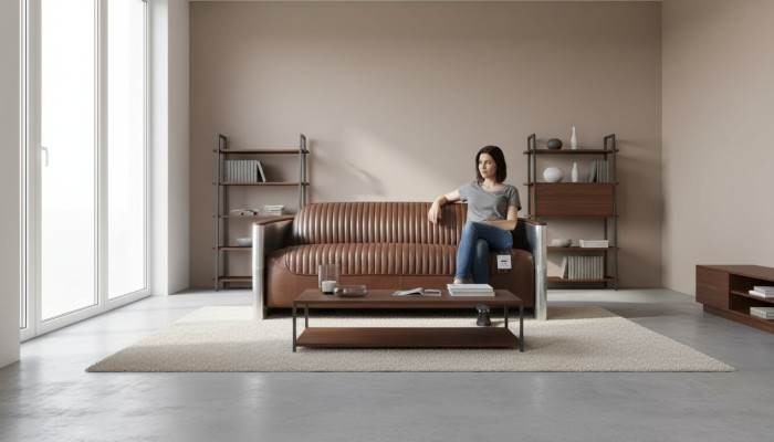Prawdziwa skóra Sofa Skóra Design Sofa 3-miejsce siedzące Vintage Couch Aluminiowa Samolot Metal