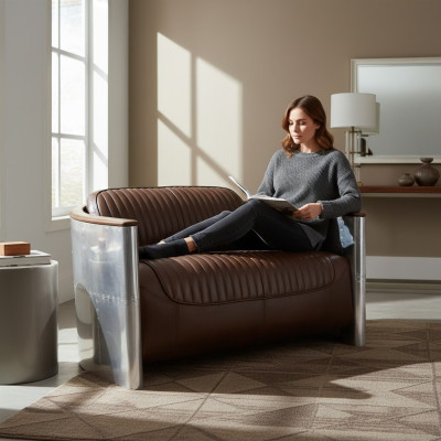 Prawdziwa skóra Aluminiowa Sofa 2-miejsce siedzenia Vintage Skóra Meble Skórzana Sofa Club Sofa Couch