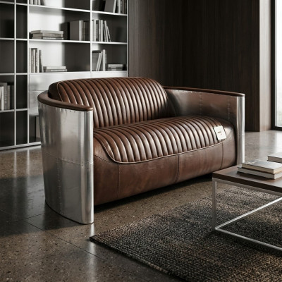 Prawdziwa skóra Aluminiowa Sofa 2-miejsce siedzenia Vintage Skóra Meble Skórzana Sofa Club Sofa Couch