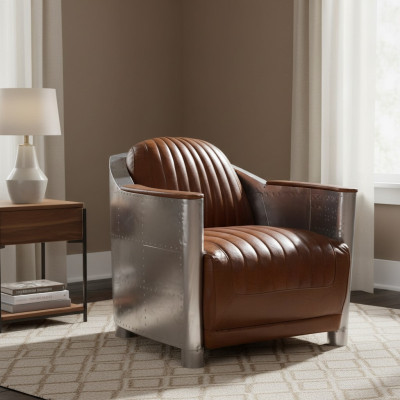 Fotel Prawdziwa skóra Kanapa Sofa Club Lounge Retro Aviator Vintage Aluminiowy Samolot