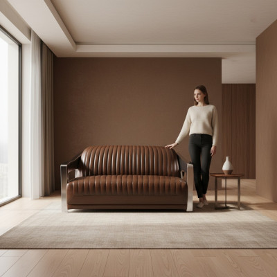 Prawdziwa skóra Sofa Skóra Design Sofa 3-miejsce siedzące Vintage Couch Aluminium Metal