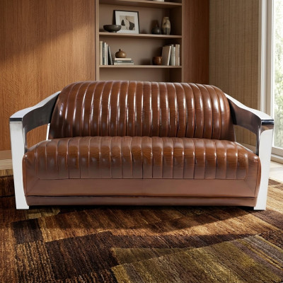 Prawdziwa skóra Sofa Skóra Design Sofa 3-miejsce siedzące Vintage Couch Aluminium Metal