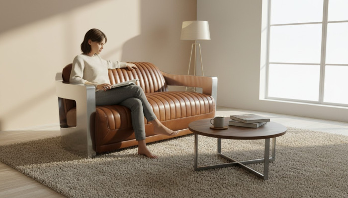 Sofa Vintage 2-miejsce do siedzenia Sofa skórzana w stylu retro Prawdziwa skóra Aluminiowe Nity Meble
