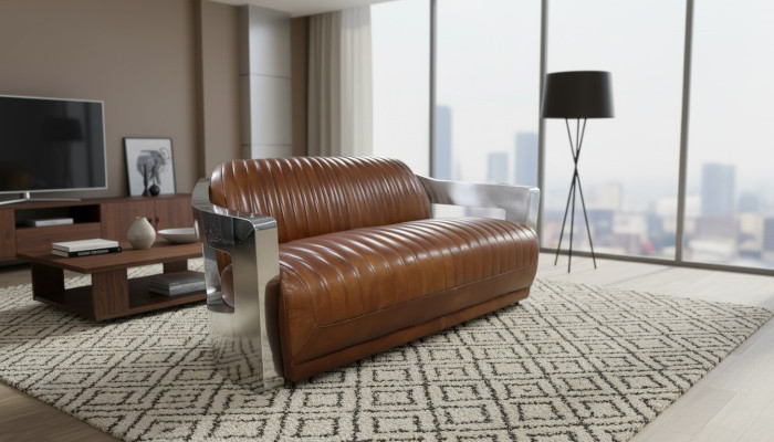 Sofa Vintage 2-miejsce do siedzenia Sofa skórzana w stylu retro Prawdziwa skóra Aluminiowe Nity Meble