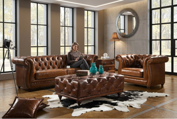 Vintage Chesterfield Zestaw sofowy Couch Podkładka Sofa Skóra 3+1 miejsce do siedzenia Zestaw 2szt.