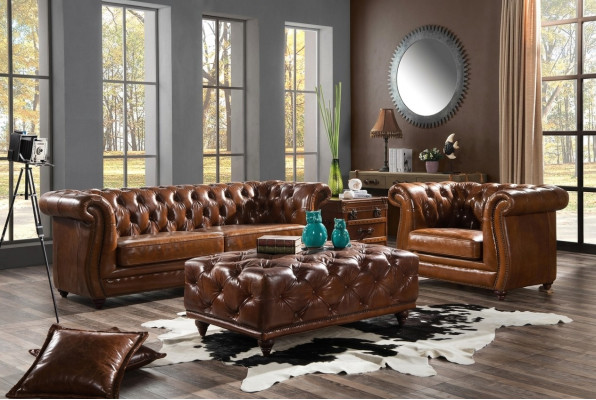 Vintage Chesterfield Zestaw sofowy Couch Podkładka Sofa Skóra 3+1 miejsce do siedzenia Zestaw 2szt.