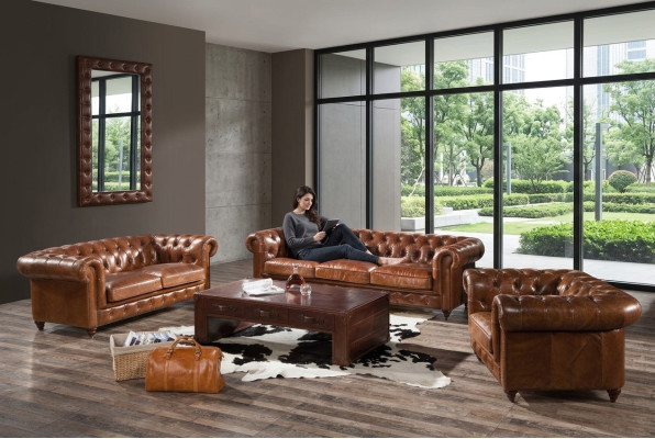 Design Club Lounge 4 miejsce do siedzenia Sofa Skórzana Sofa Trzyosobowa Vintage Skóra Chesterfield