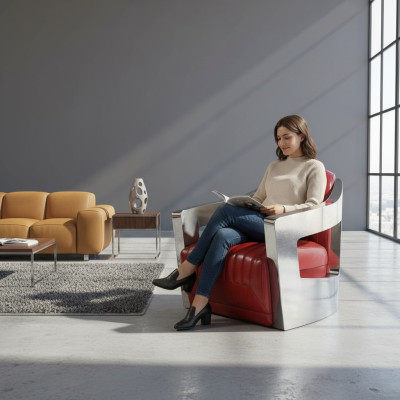 Samolot Vintage LederFotel Czerwony Prawdziwa skóra Retro Fotel Design ClubFotel
