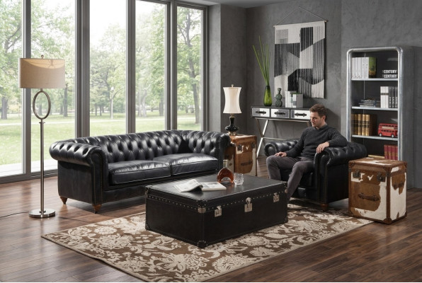 Sofa Chesterfield 3 miejsce do siedzenia z Fotel Czarny Vintage Skóra Meble Style 2-częściowa. Nowy