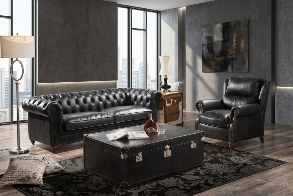Sofa Chesterfield 3 miejsce do siedzenia z Fotel Czarny Vintage Skóra Meble Style 2-częściowa. Nowy
