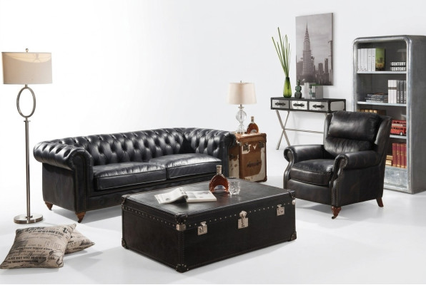 Sofa Chesterfield 3 miejsce do siedzenia z Fotel Czarny Vintage Skóra Meble Style 2-częściowa. Nowy