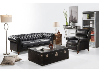 Sofa Chesterfield 3 miejsce do siedzenia z Fotel Czarny Vintage Skóra Meble Style 2-częściowa. Nowy