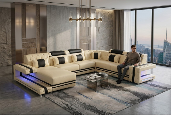 Skóra Podkładka Siedziba Design Modern Narożnik Ustawić Sofa Żywy krajobraz U Shape USB LED