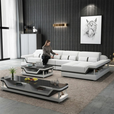 Skórzana sofa w kształcie litery L Żywy krajobraz Narożnikowa kanapa Ustawić Design Nowoczesna Sofa USB