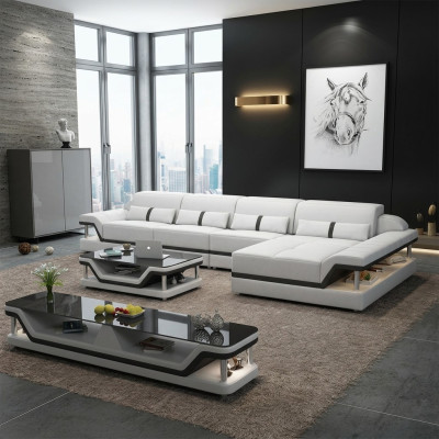 Skórzana sofa w kształcie litery L Żywy krajobraz Narożnikowa kanapa Ustawić Design Nowoczesna Sofa USB