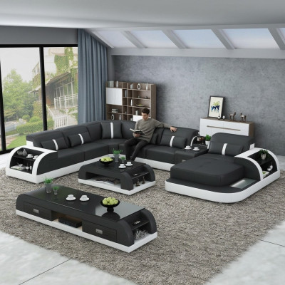 Ustawić Design Żywy krajobraz Narożnikowa kanapa Sofa Kanapa Kształt U Tabela Skóra 2-częściowa. zestawy