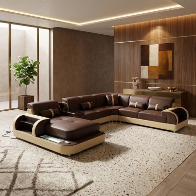 Sofa skórzana Sofa Design Sofa U Shape Żywy krajobraz Couch Podkładka Narożnikowa kanapa Ustawić Nowość