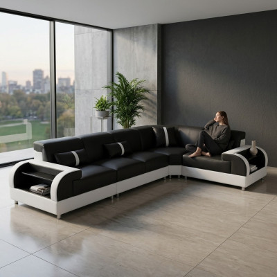 Skórzana sofa w kształcie litery L Żywy krajobraz Narożnikowa kanapa Design Ustawić Modern Sofa USB