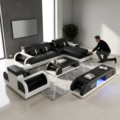Kanapa Narożnikowa kanapa Skóra Żywy krajobraz Ustaw Design Nowoczesna sofa w kształcie litery L, stolik kawowy
