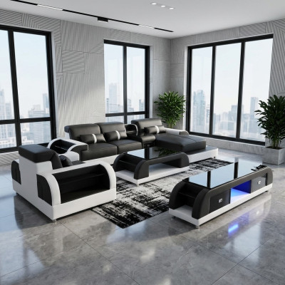 Kanapa Narożnikowa kanapa Skóra Żywy krajobraz Ustaw Design Nowoczesna sofa w kształcie litery L, stolik kawowy