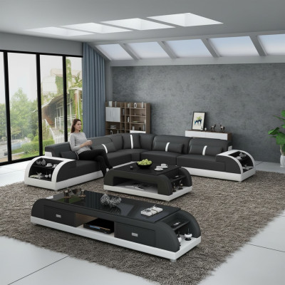 Skórzana sofa w kształcie litery L Żywy krajobraz Narożnikowa kanapa Ustawić Nowoczesna sofa USB