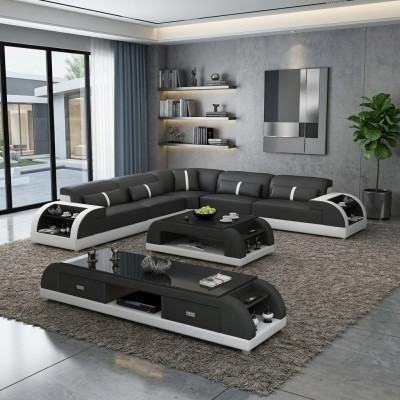 Skórzana sofa w kształcie litery L Żywy krajobraz Narożnikowa kanapa Ustawić Nowoczesna sofa USB