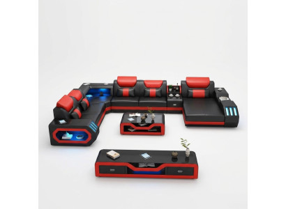 Design Duża Sofa z USB Narożnikowa kanapa Kanapa Wohlandschaft U Form Skóra Włókienniczy Narożnik