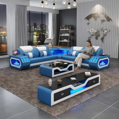 Narożnikowa kanapa w kształcie litery L stolik kawowy Sofa Couch Design Podkładka Skóra Modern Blue Tabela nowość