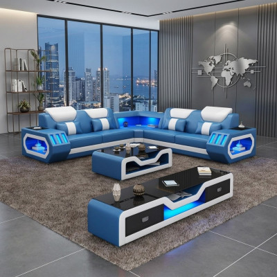 Narożnikowa kanapa w kształcie litery L stolik kawowy Sofa Couch Design Podkładka Skóra Modern Blue Tabela nowość