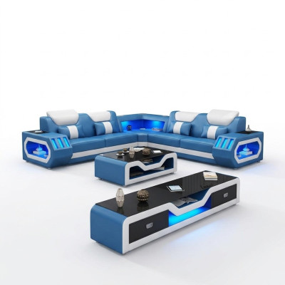 Narożnikowa kanapa w kształcie litery L stolik kawowy Sofa Couch Design Podkładka Skóra Modern Blue Tabela nowość