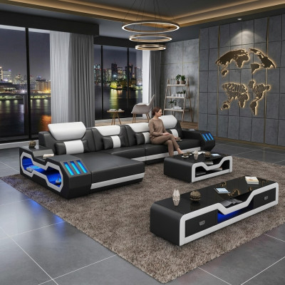 Skóra Modern Couch Żywy krajobraz Skórzana sofa Zestaw sofowy Sofa w kształcie litery L, stolik kawowy